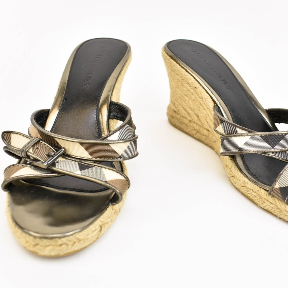 Burberry Black and Beige Check Wedge Sandals
